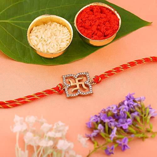 Gold Plated Holy Swastika Rakhi With Austrian Crystals And Divine Red Silk Thread : 169-IG-RAKHI