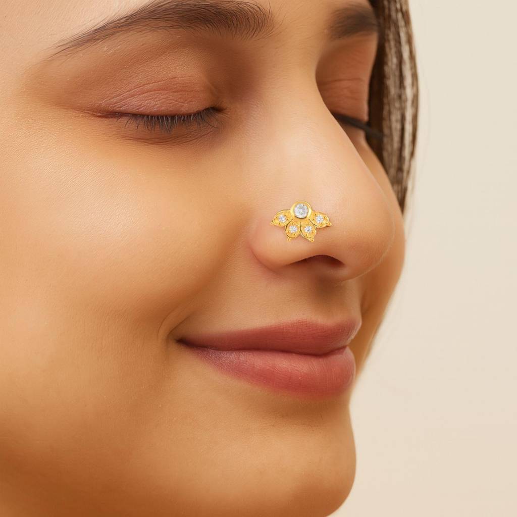 Cz Floral Nose Pin - Sterling Silver Gold Plated : NP00043_925S_YG_WCZ