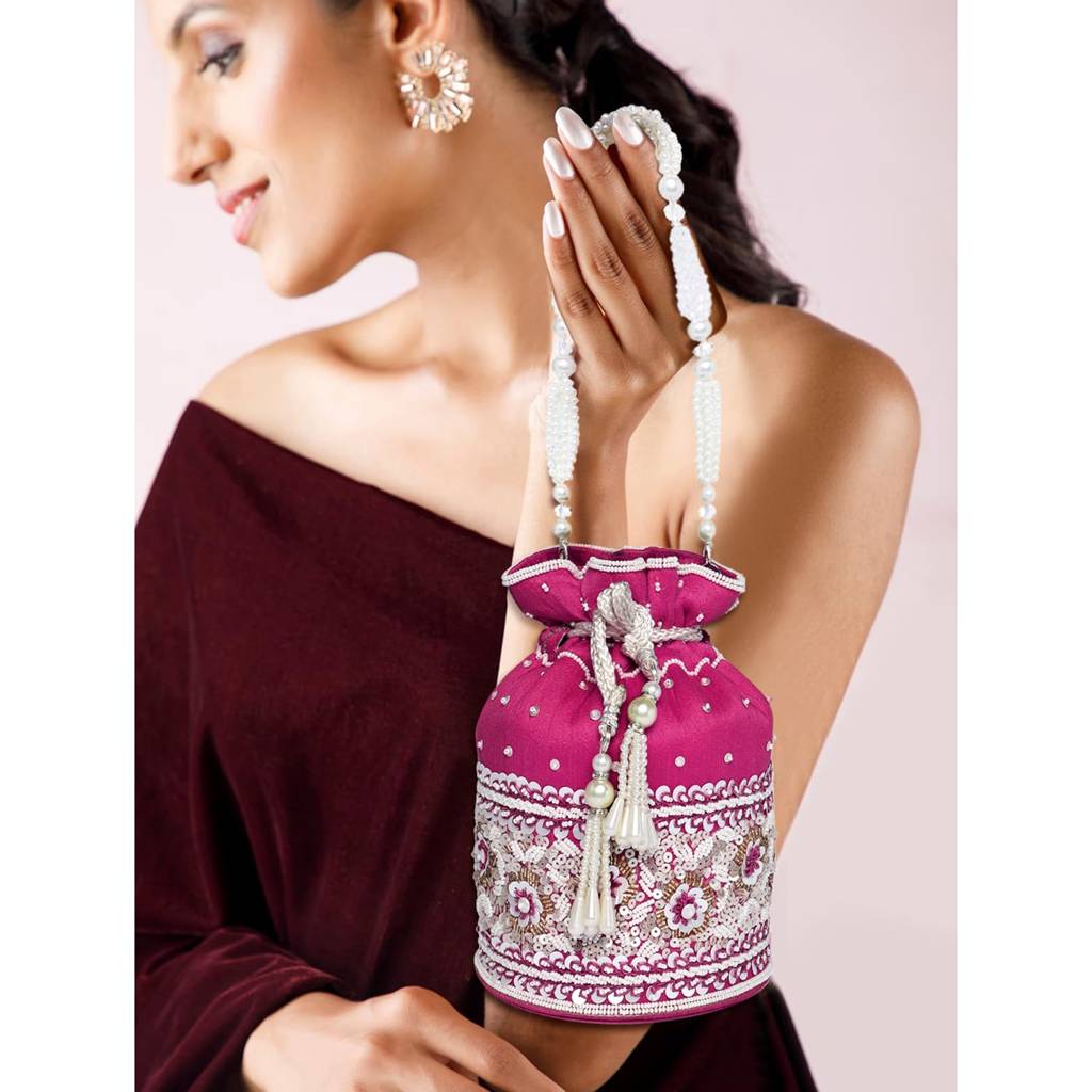 Potli Purses For Women Handmade Evening Handbag Stylish Bridal Fashion Wristlet Bag For Girls (P46Br) : P46RP