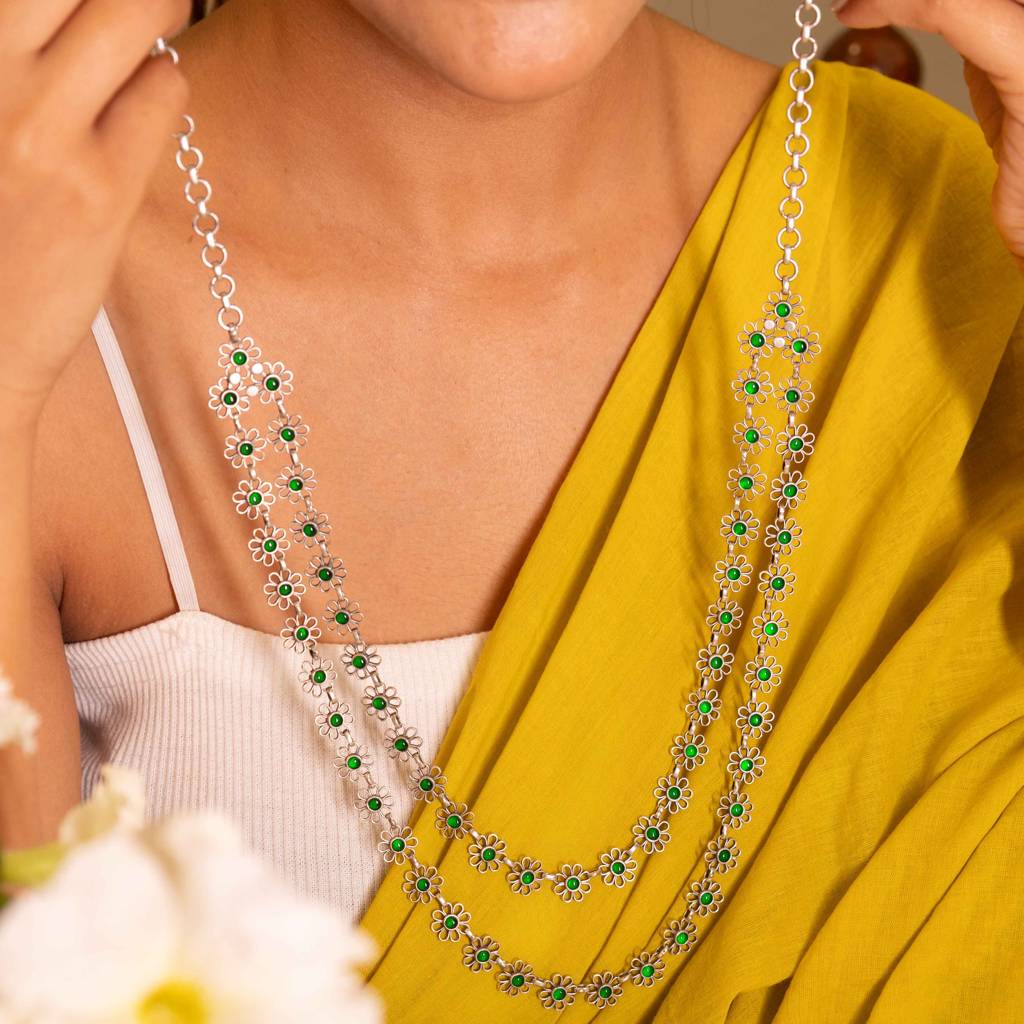Tattva Carved Flower Two Layered Green Necklace : SN203039