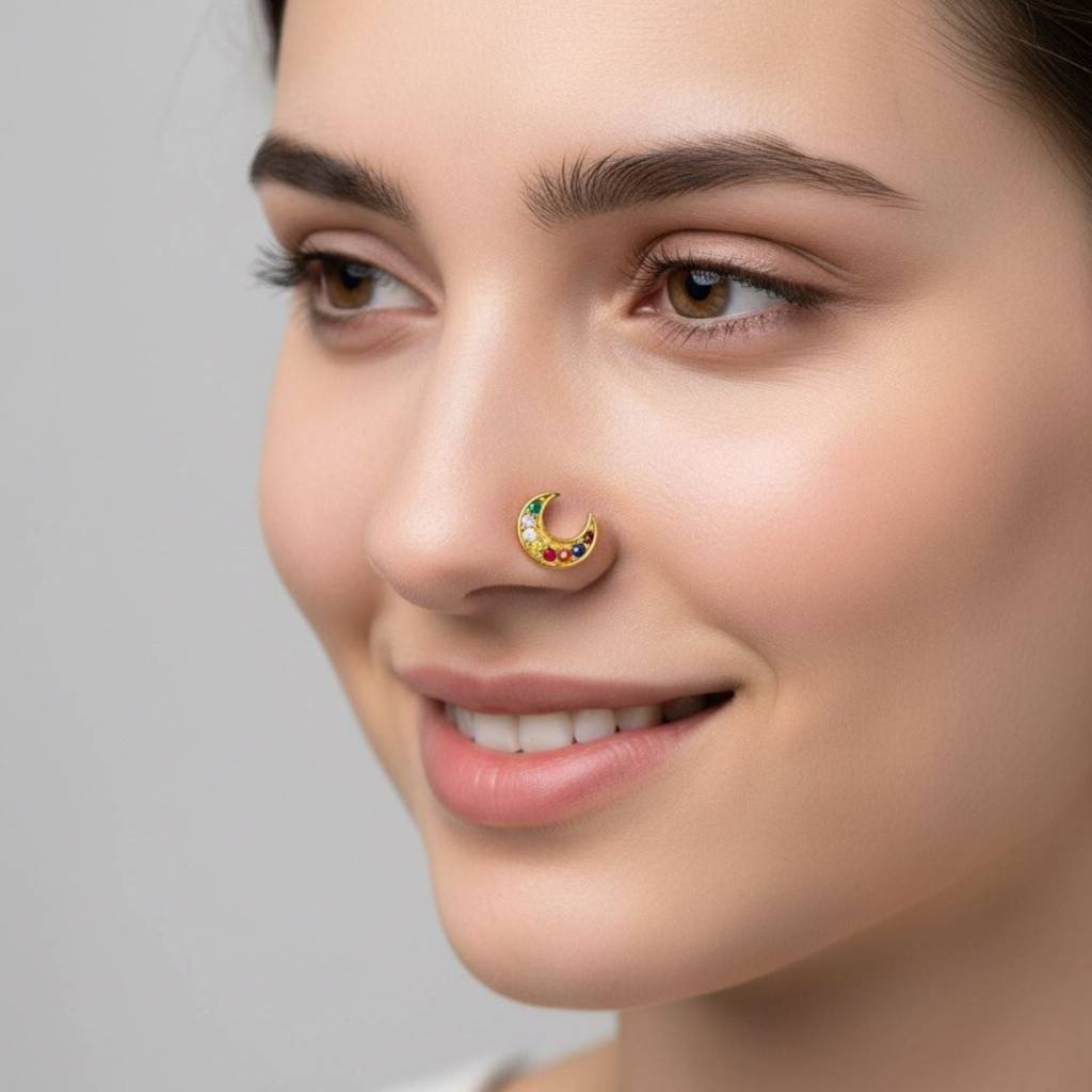 Crescent Moon Multigems Nose Pin 925 Sterling Silver Gold Plated : 0004-NP-snp-0056