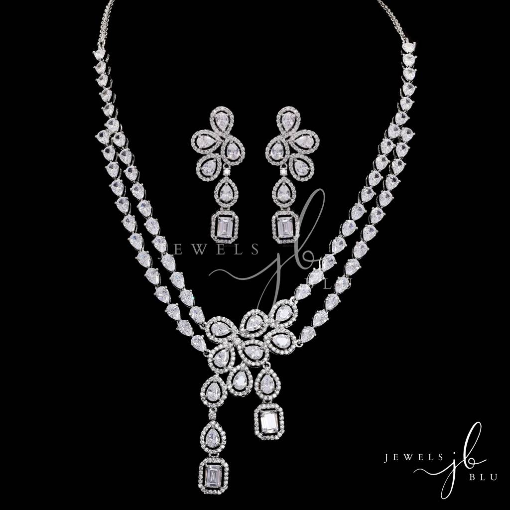 Anti Tarnish American Diamond Floral Drop Necklace Set With Earrings For Women | American Diamond Cz Wedding, Party : 500015_2