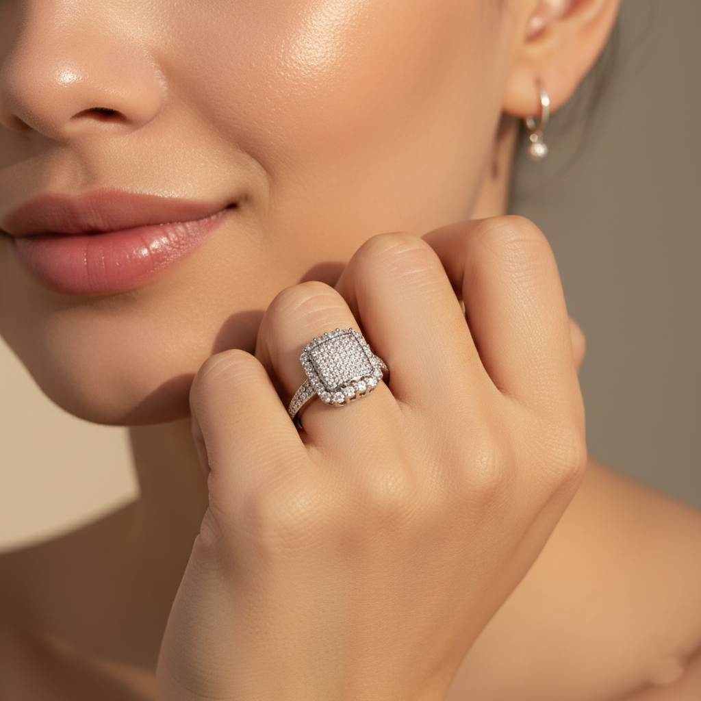 925 Sterling Silver Cushion Halo Ring With Micro Pave Setting – Statement Diamond Look Engagement Style Ring : R133S