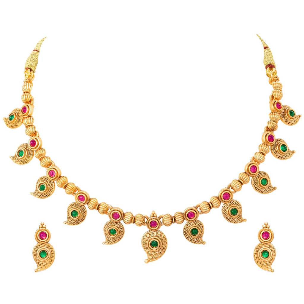 Gold Plated Green Rani Pink Leaf Necklace Earrings Set For Women : PF109N04RPG