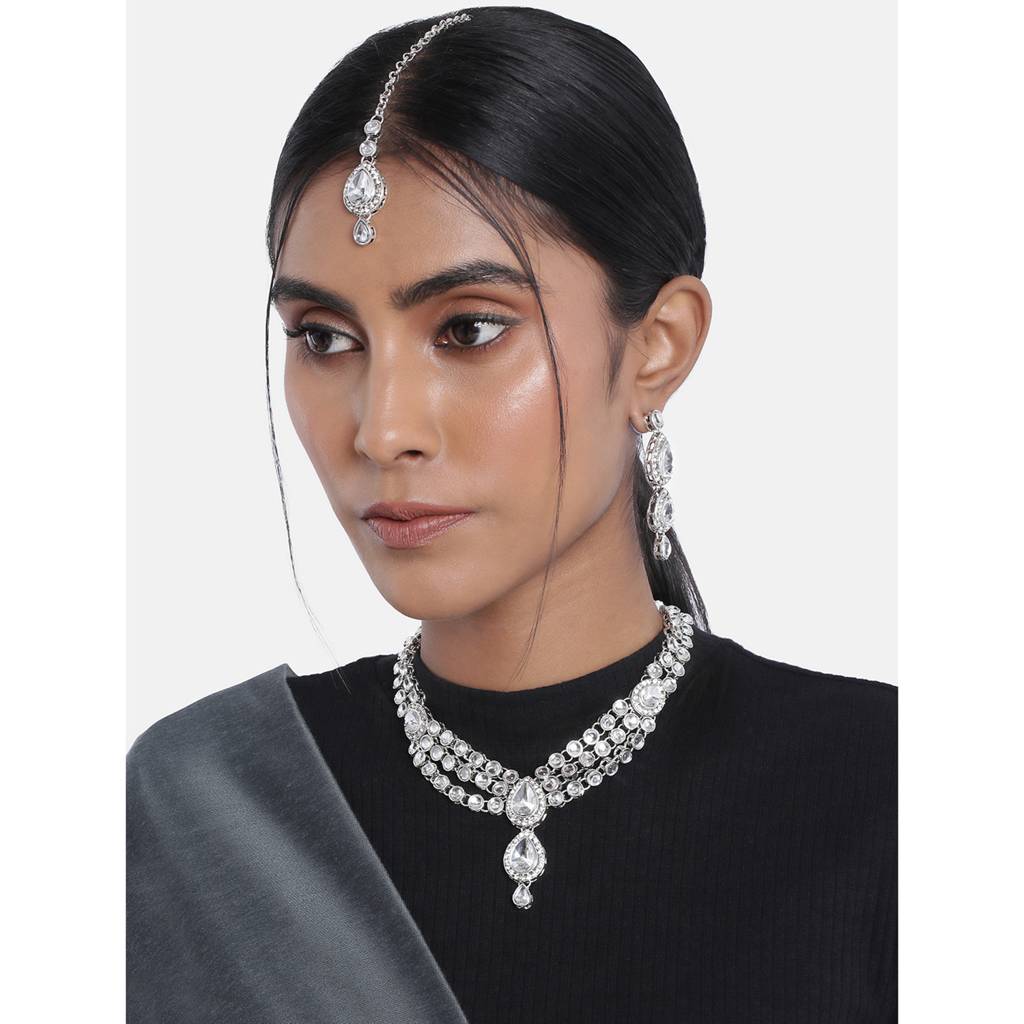 Peora Gold Plated Traditional Kundan Studded Long Necklace Jewellery Set With Earring Maang Tikka For Women Girls : PF25N009RW