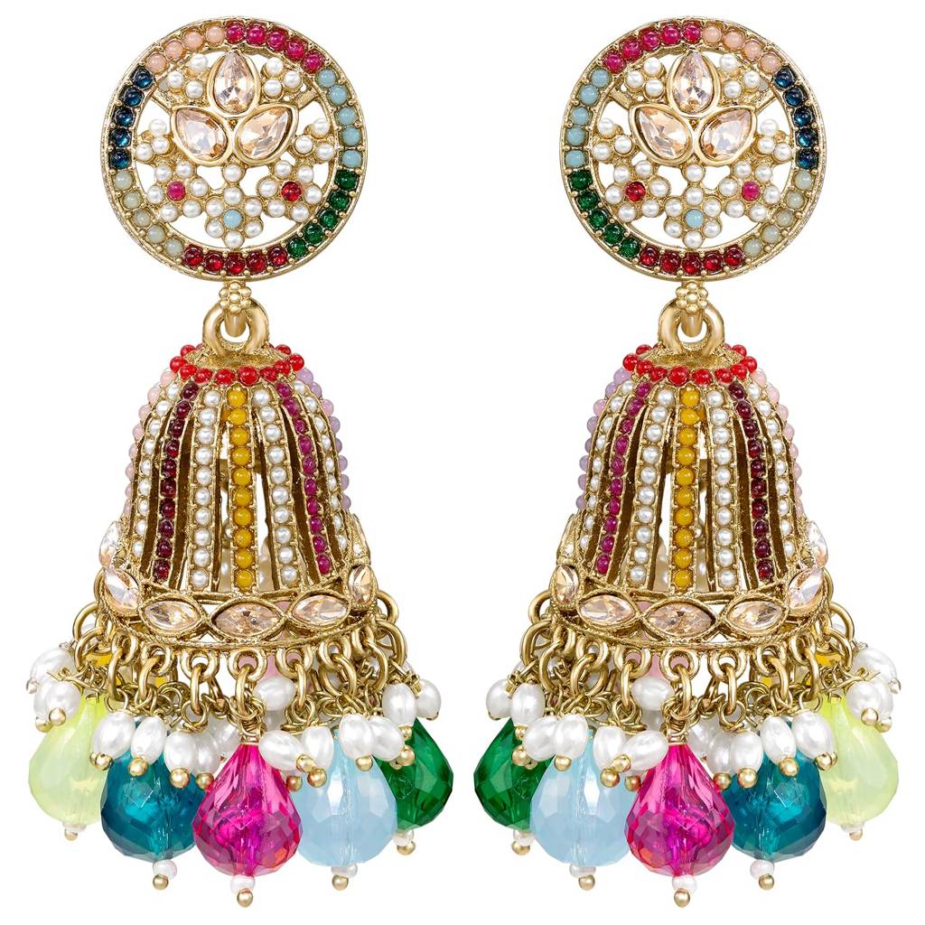 Ethnic Gold Plated Multicolor Beads Studded Jhumka Earrings For Women : PF09E002ML