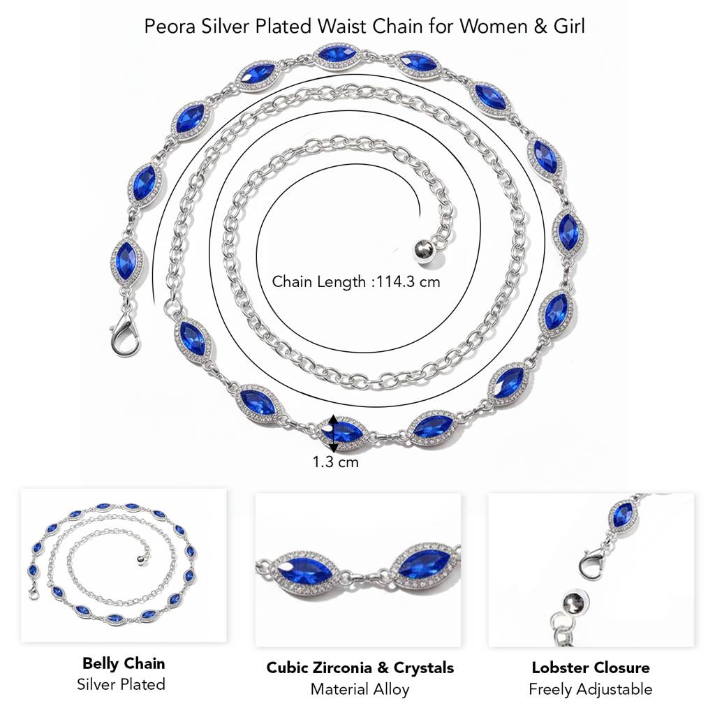 Cubic Zirconia & Crystals Studded Silver Plated Fancy Kamarbandh Belly Chain Waist Chain Jewellery For Women & Girls : PX9BCH76B