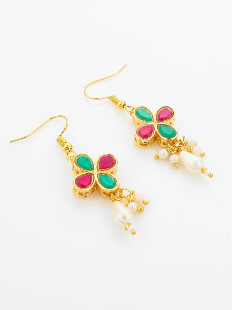 Double Strand Pearl Gold Plated Necklace With Floral Kundan Pendant : NK4892
