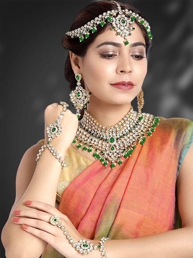 Peora American Diamond Studded Jodha Akbar Bridal Choker Necklace Traditional Jewellery Set Gift For Women Girls : PF37BRBLP021G