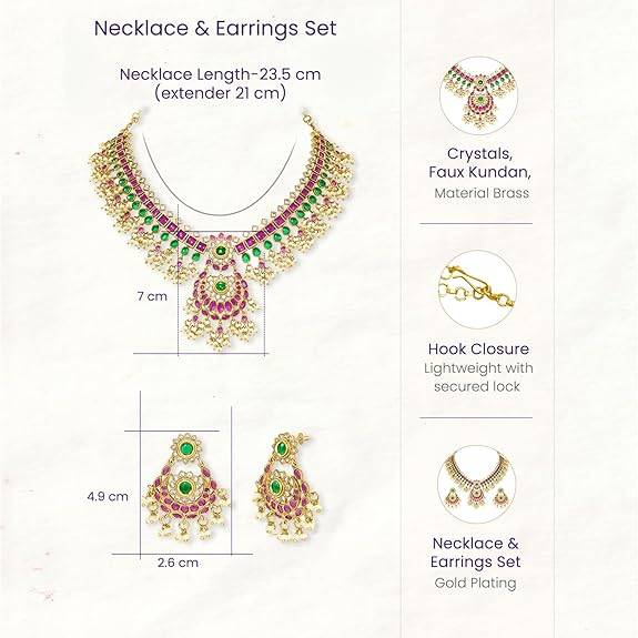 Rani Pink Green Ethnic Necklace Earrings For Women & Girls Gold Plated Faux Ruby Emerald & Lariya Traditional Temp : PF76N01RG