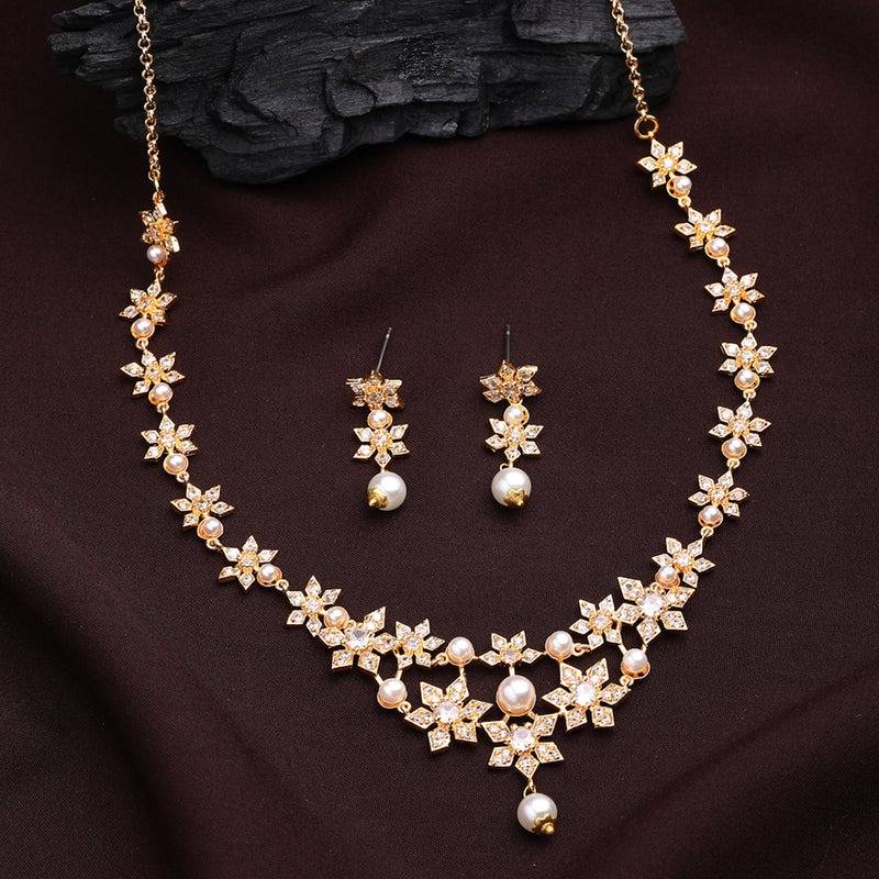 Timeless Exclusive Gold Plated Pearl & American Diamond Floral Motif Necklace Set – Luxury Designer Light We : AD-835-IGWENKER