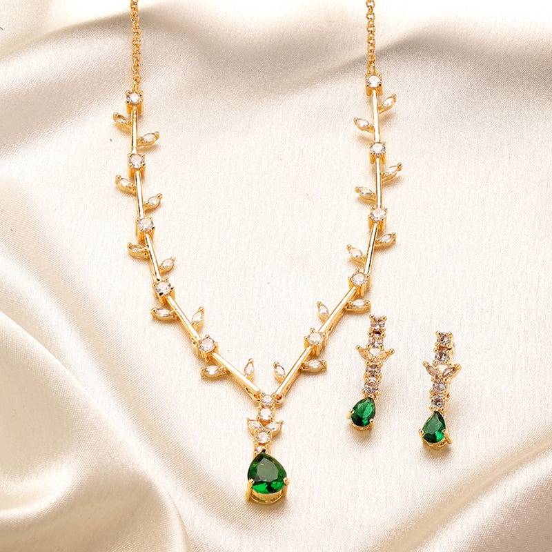 Timeless Elegance: American Diamond Leaf Motif Necklace Set – Chic Lightweight Jewelry For Reception Nights : AD-854-IGGNNKER