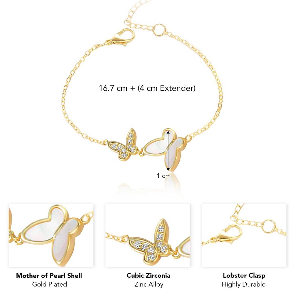 Plated Cubic Zirconia Studded Butterfly Style Adjustable Bracelet Fashion Jewellery For Women & Girls : PX8B116G