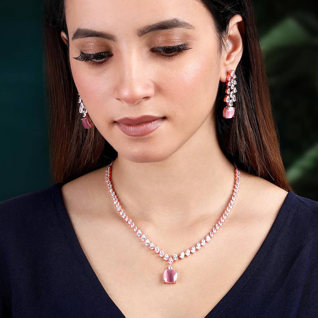 Rose Gold Plated Cubic Zirconia Studded Pretty In Pink Pendant Style Necklace & Drop Earrings Fashion Jewellery S : PF67N95CPK