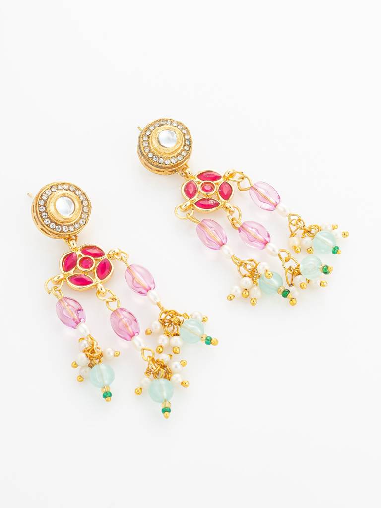 Gold Plated Multi-Strand Pearl And Pink Stone Rani Haar Set : NK4869