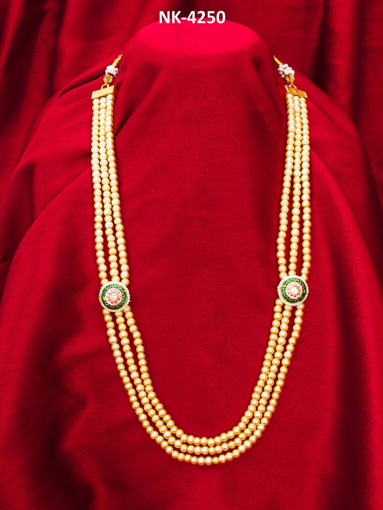 Triple-Strand Cream Pearl With Meenakari Kundan Necklace : NK4250