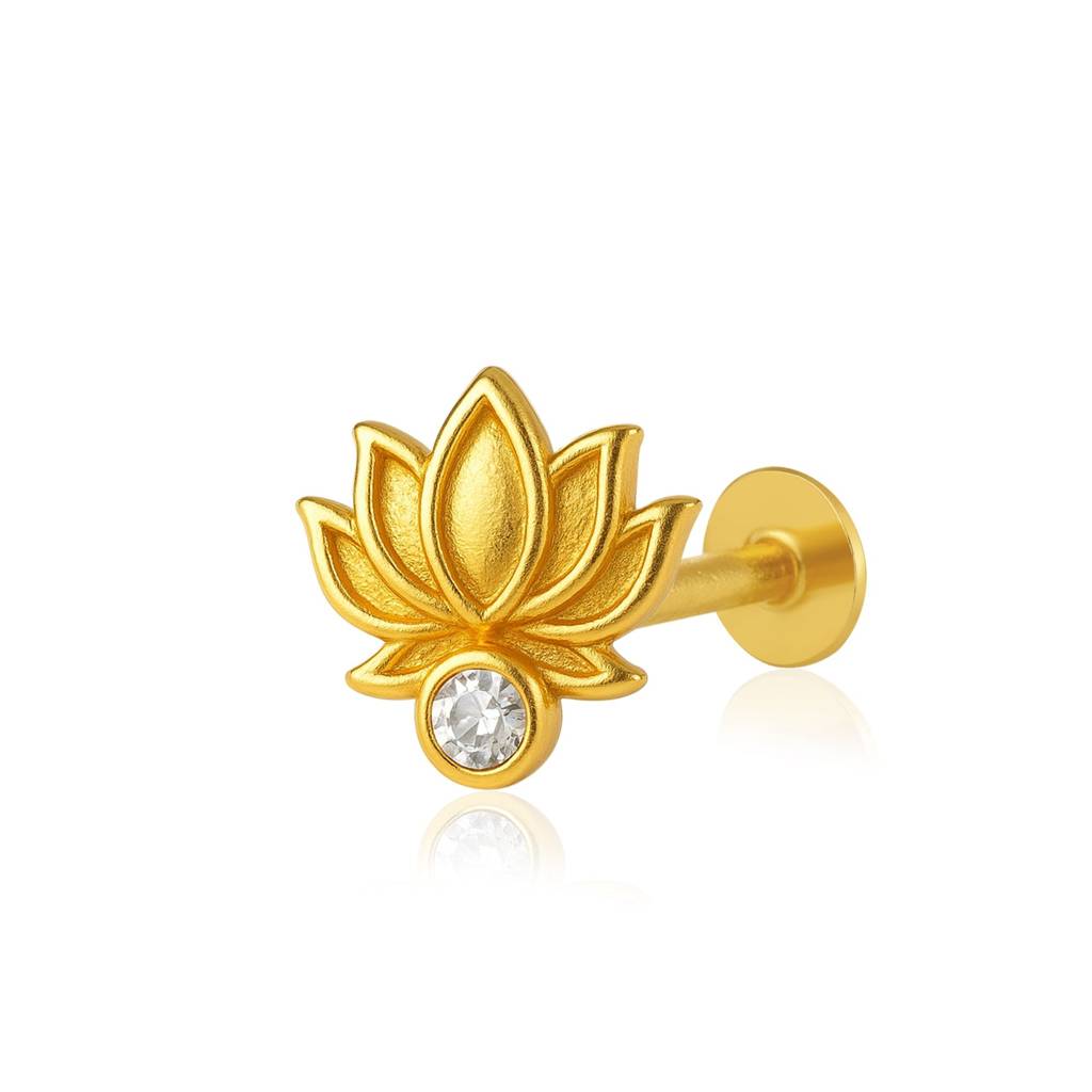 White Cz Lotus Motif Nose Pin 925 Sterling Silver Gold Plated : NP-0005-N-1-snp-0019