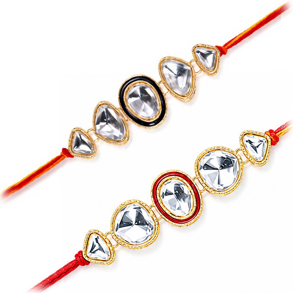 Rakhshabandhan Thread Rakhi For Brother Crystals Studded Red White Combo Set Of 2 Rakhi Hamper Roli Chawal & Greet : R25C33-S2