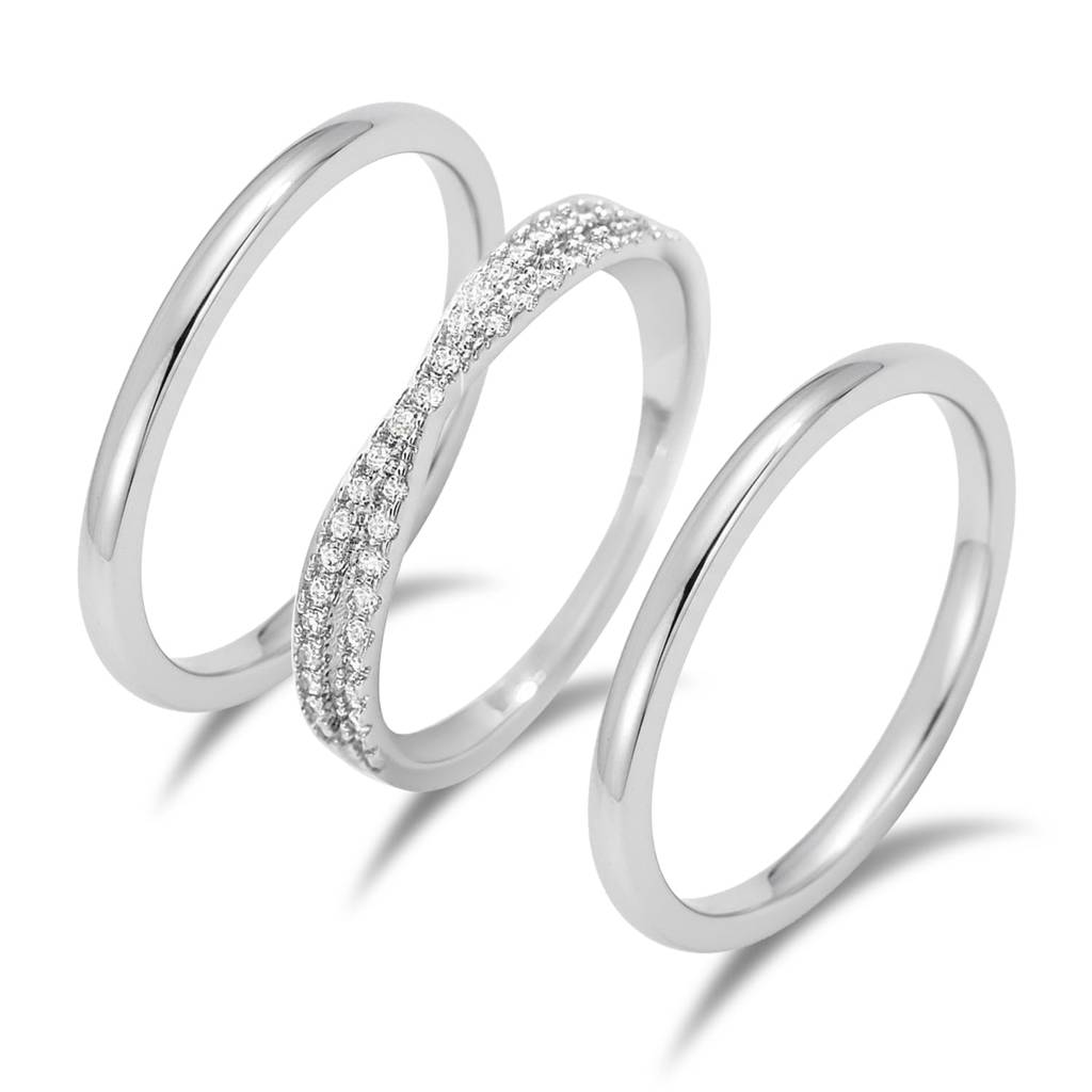 Silver Plated Cubic Zirconia Studded Set Of 3 Band Ring Contemporary Jewellery For Women (Us 7) : PX9R2028S-7