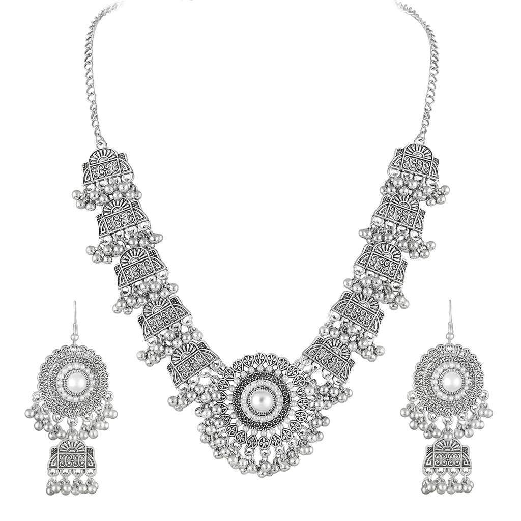 Ethnic Oxidised Necklace Earrings Set For Women & Girls Pearl & Beads Studded Festive Stylish Design Jewellery Gif : PX9N166OX