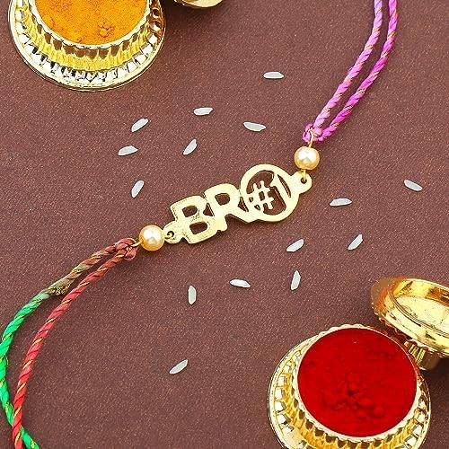 Gold Plated Bro#1 Rakhi With Pearls And Multi-Colored Silk Thread : 305-IG-RAKHI