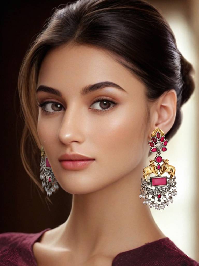 Trendy Celebrity-Inspired Oxidised Silver Magenta Color Earrings For Girls & Women : 410-KEO-14539-R-SG