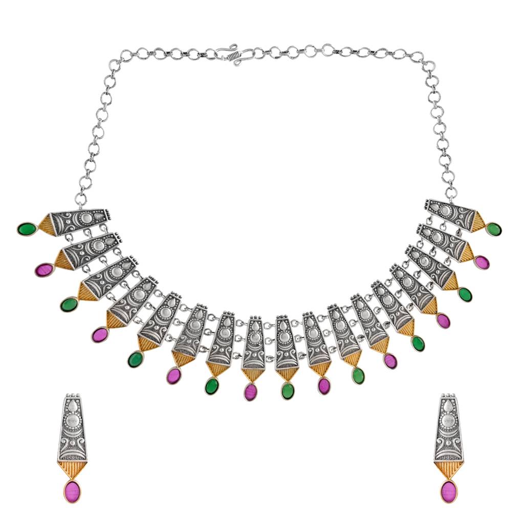 Oxidised Short Necklace Set With Multicolor Bead Earrings- Antique Elegance : 8905124582741