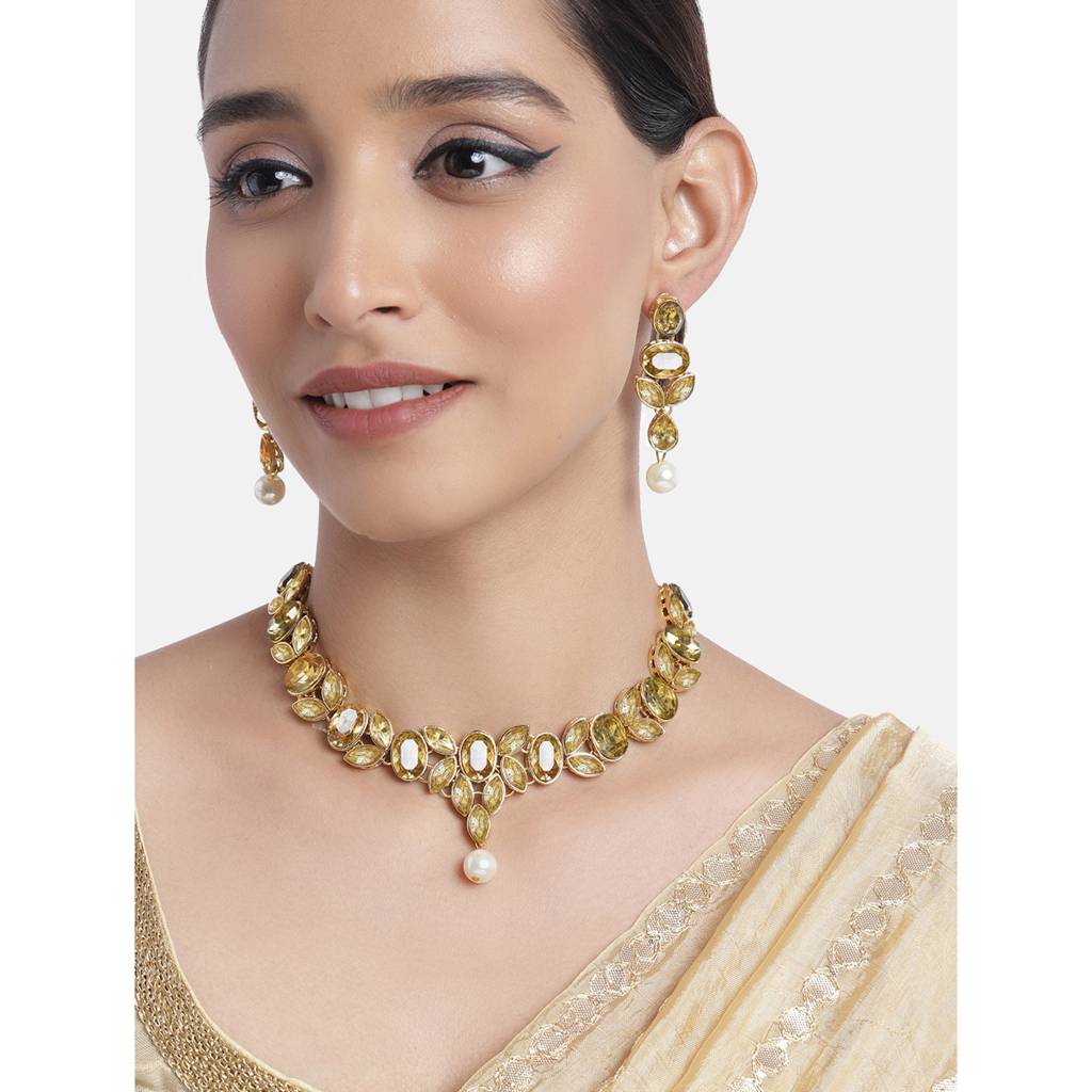 Peora Ethnic Gold Plated Crystal Studded Choker Necklace Earring Set Stylish Jewellery For Women & Girls : PF24N64LCT