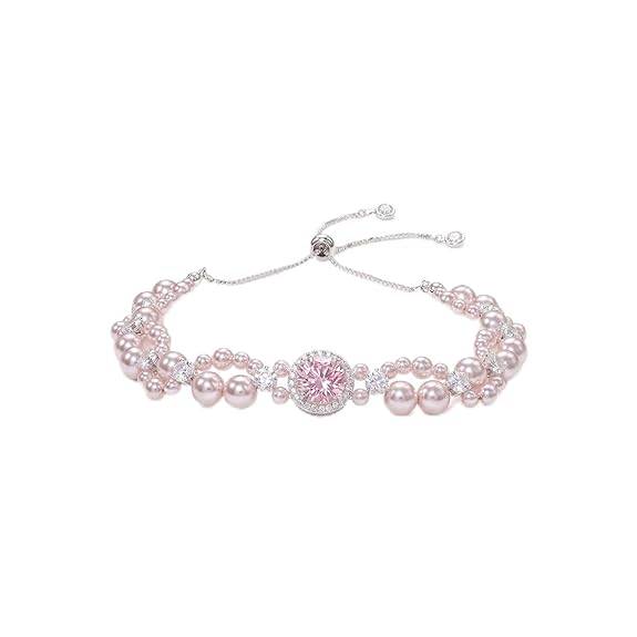 Pink White Silver Plated Charm Bracelet For Women Crystal & Pearl Studded Casual & Festive Wear Jewellery Gift For : PX9B249PK