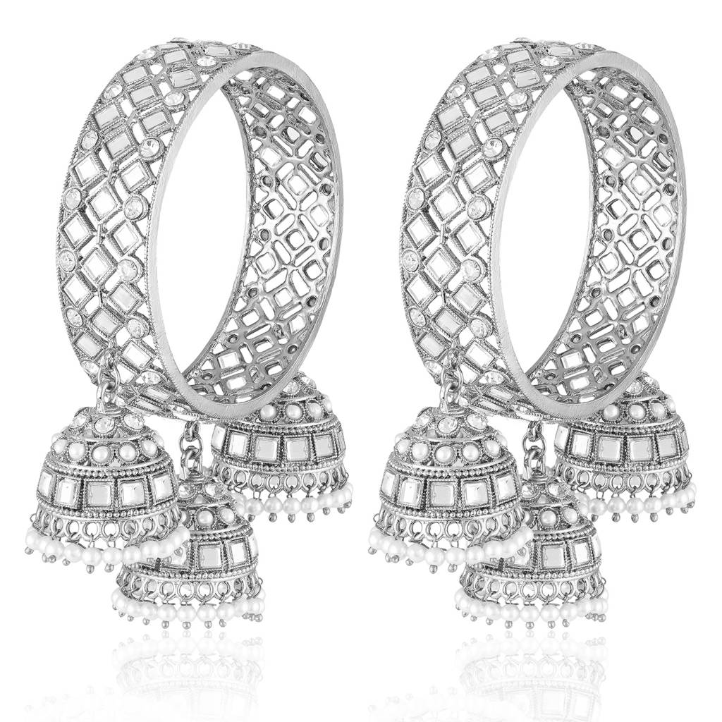 Silver Plated Crystals & Beads Studded Ethnic Bangles With Latkan For Women (Size - 2.6 Inch) : PF106B04S-S2-6