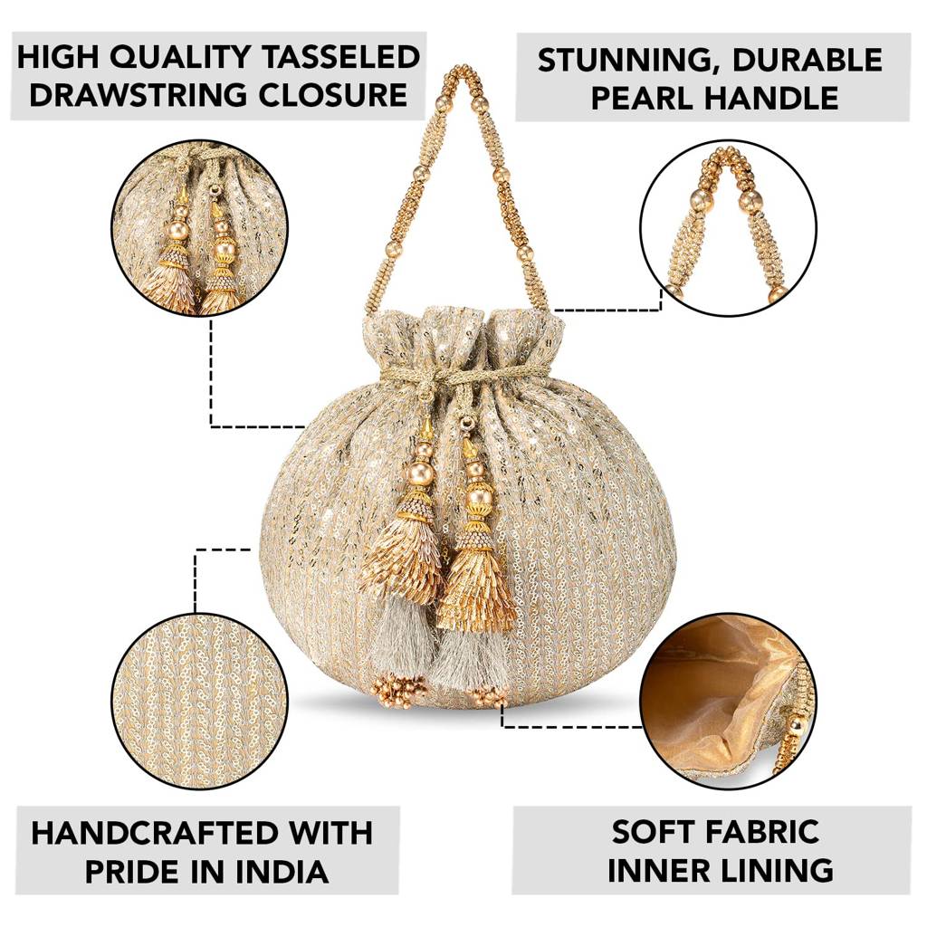 Potli Bags For Women Girls Evening Bag Clutch Ethnic Bride Purse With Drawstring (P07G) : P07G