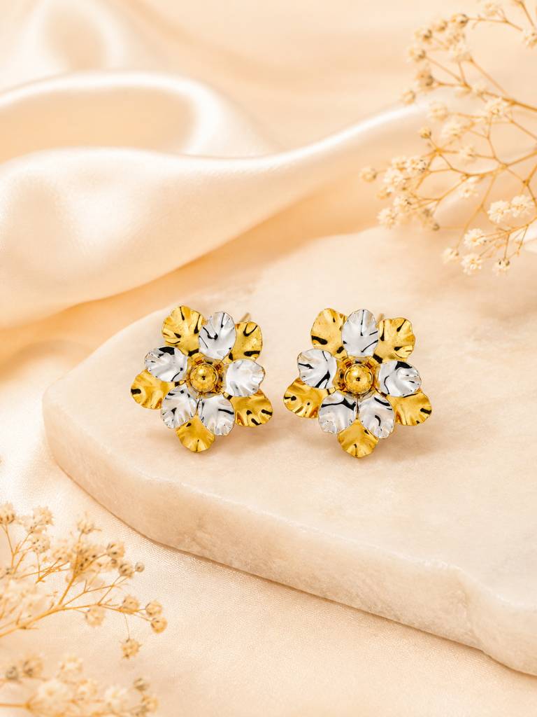 Dual Tone Floral Gold Statement Earrings : AN-LJ-GO-0077-DE