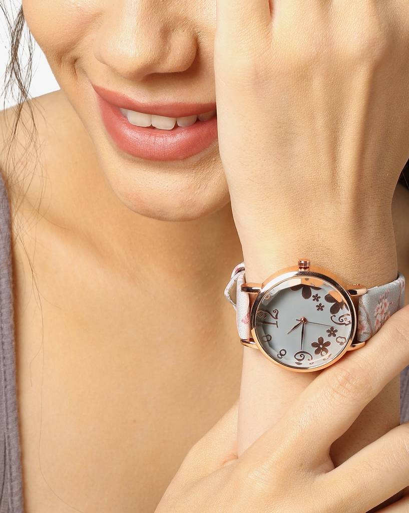 Grey & Champagne Gold Decorative Analog Round Dial With Floral Printed Leather Strap : HSWC1032