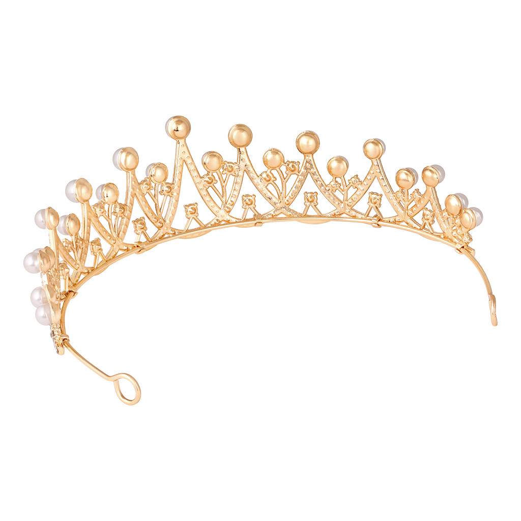 Gold Plated Cubic Zirconia & Pearl Studded Princess Tiara Crown Hair Accessory For Girls & Women : PX9CW04G