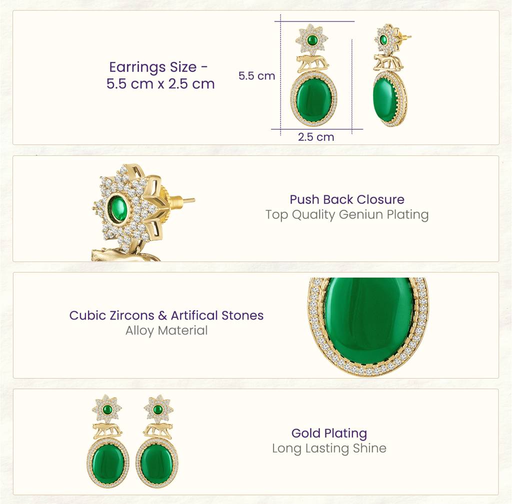 Green Ethnic Dangle Earrings For Women & Girls | Gold Plated | Cubic Zirconia Faux Emerald Studded | Festive Bridal : PF77E05G