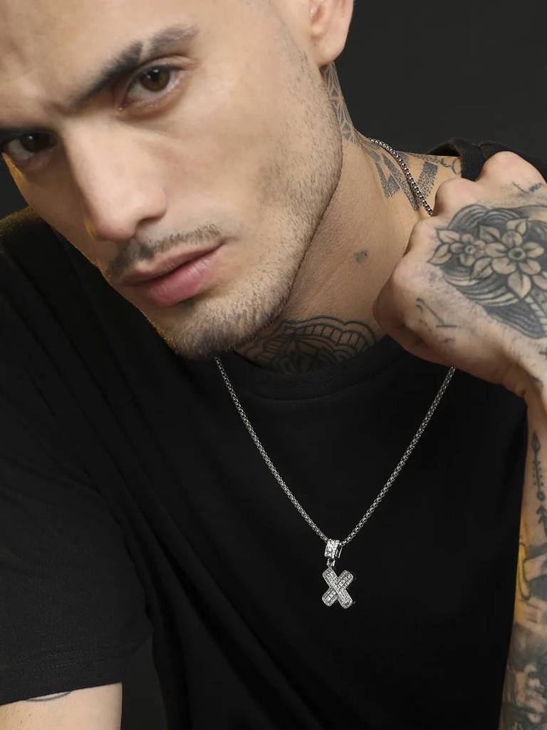 Men'S Embellished Alphabet Pendant Necklace - Silver : FANC1071-X