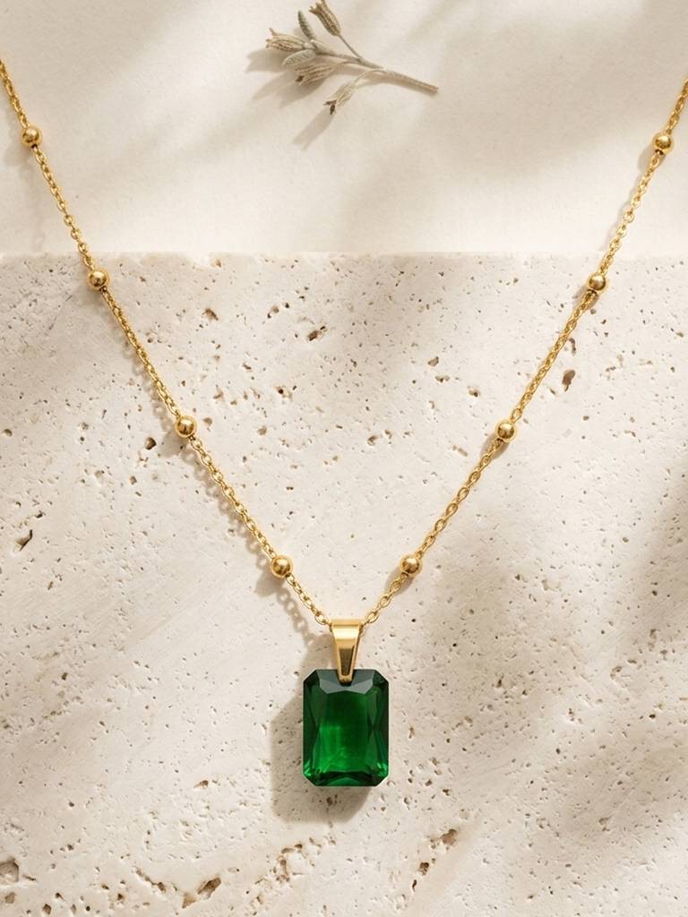 18K Gold Plated Stainless Steel Waterproof & Anti-Tarnish Emerald Muse Necklace : N58ASSS0G