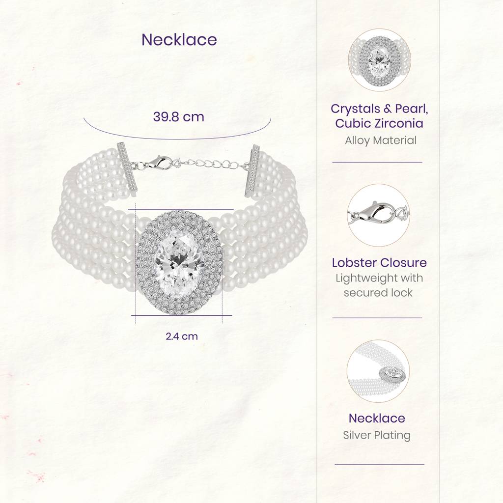 White Ethnic Choker Necklace For Women & Girls | Silver Plated | Crystals, Cubic Zirconia & Pearl Studded | Festive : PX9N219W