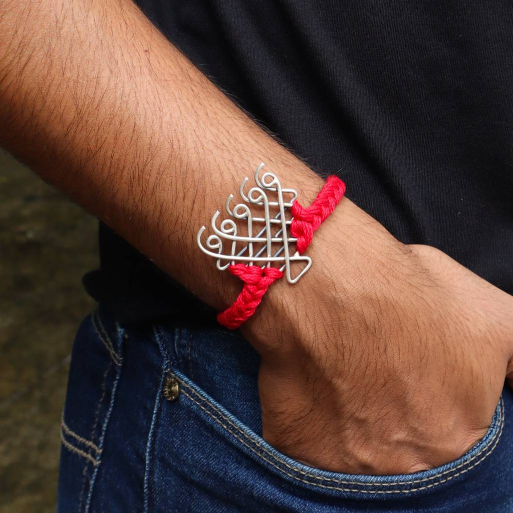 Silver Saraswati Bracelet For Men / Women W : Silver_Saraswati_Bracelet_for_Men_Women_with_Red_Thread_Motif_size_Medium_July25