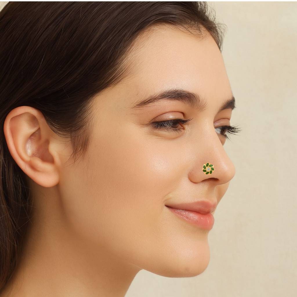 Enamel Floral Nose Pin - Sterling Silver Gold Plated : NP-00033_925S_YG_WCZ_GREEN