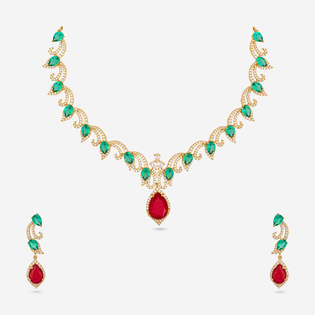Ruby-Green Gold-Rose - Plated Party Wear Zircon Necklace - 469500 : 469500