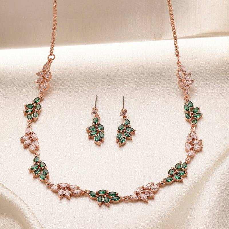 Royal Radiance: Rose Gold Plated Green American Diamond Necklace Set – Featherlight Sophisticated Jewelry  : AD-853-RGWEGNNKER