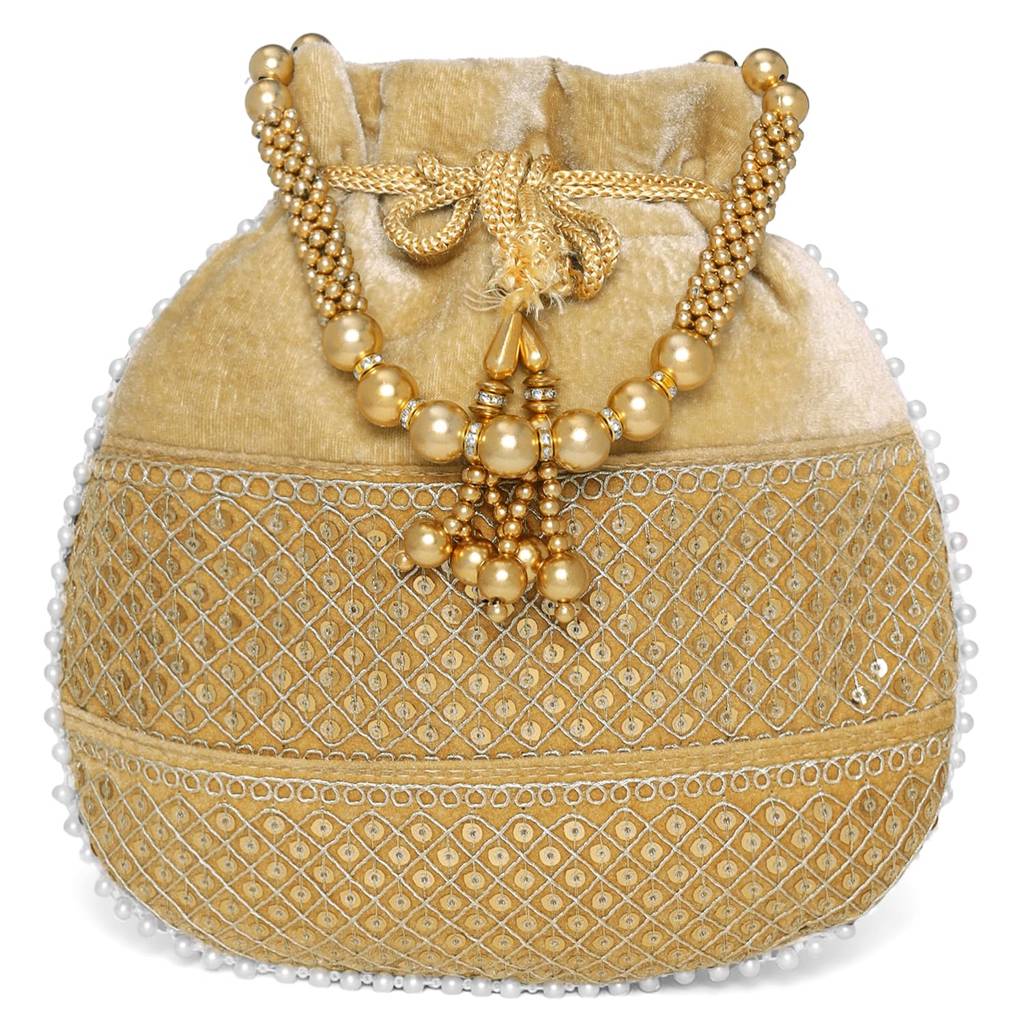 Zari Sequence Potli Bag With Beads Motif Handle For Women Handmade Handbag Stylish Bride Fashion Wristlet Bag For G : P197BR-F