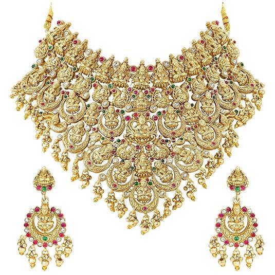 Ethnic Lakshmi Motif Necklace Dangle Earrings Set For Women & Girls Gold Plated Faux Emerald Ruby Traditional Tem : PF47N70RPG