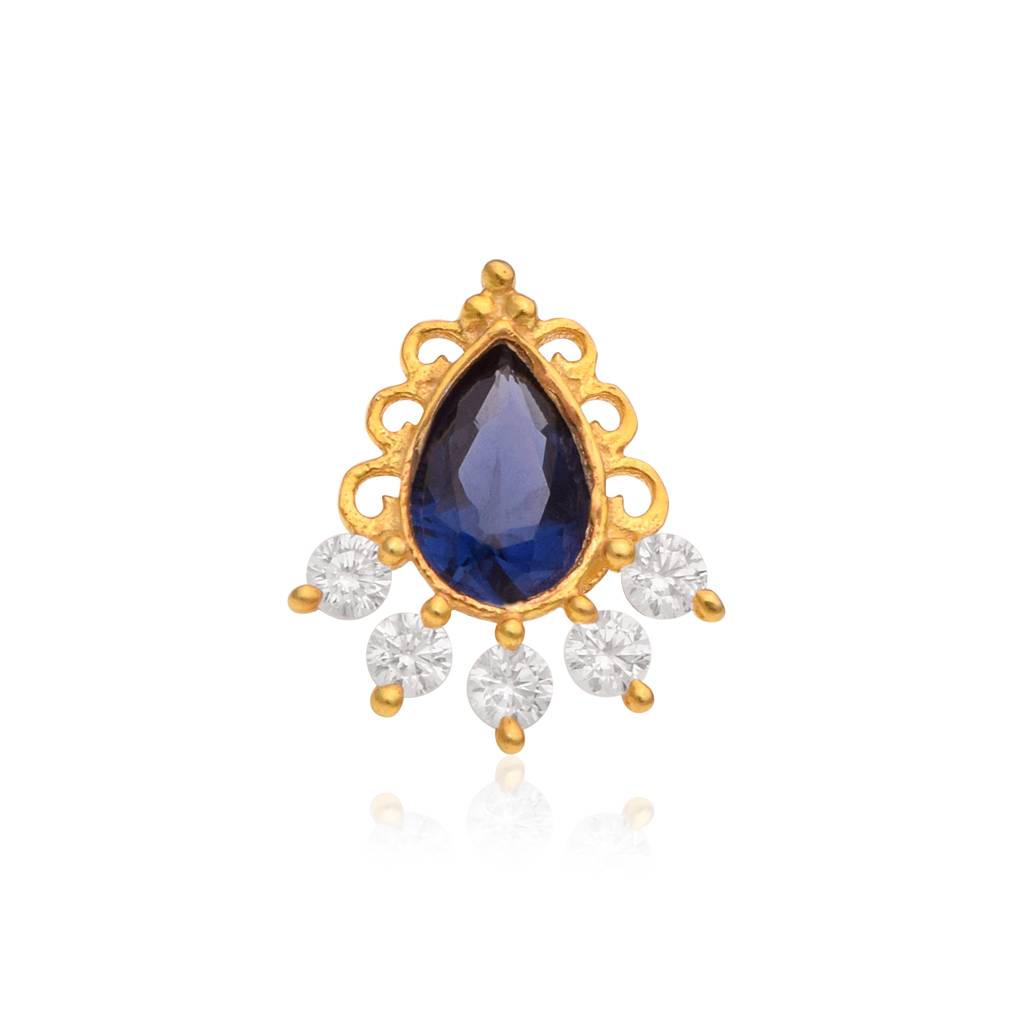 Blue Cz Tear Drop Floral Nose Pin 925 Sterling Silver Gold Plated : NP-00312-BlueCz