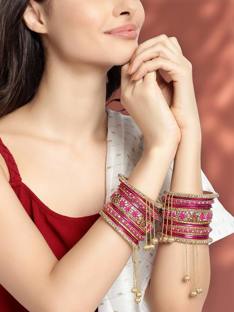Stone Studded Metal Chuda Bangle Set With Hangings For Women Wedding Bridal Indian Traditional Ethnic Jewellery : PF51B43RP