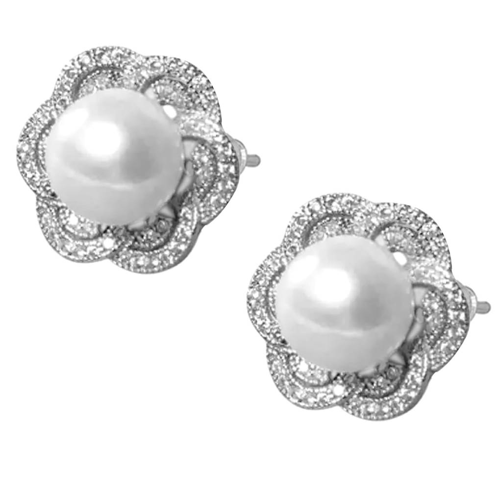 Silver Plated Cz & Pearl Studded Floral Shaped Stud Earrings Fashion Jewellery Gift For Women & Girls : PX9E3020W