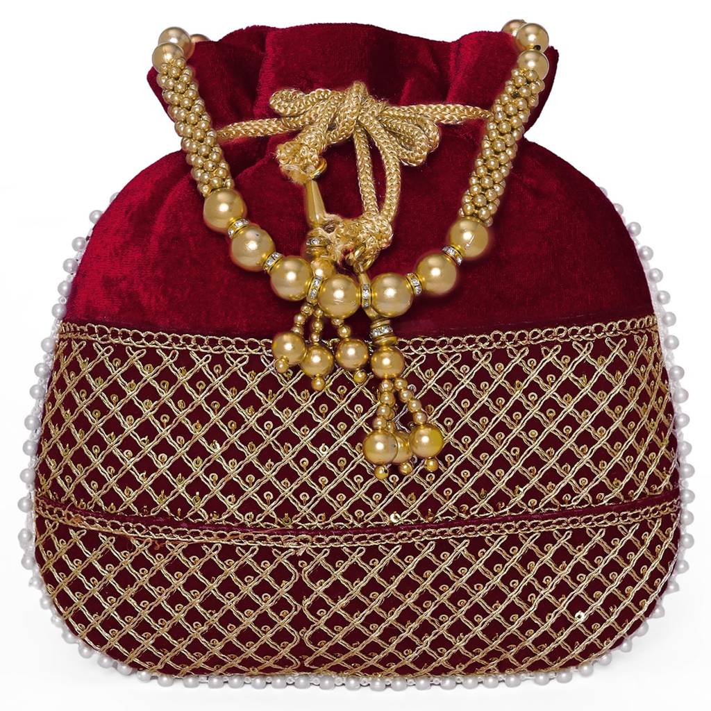 Zari Sequence Potli Bag With Beads Motif Handle For Women Handmade Handbag Stylish Bride Fashion Wristlet Bag For Girl : P197M-F