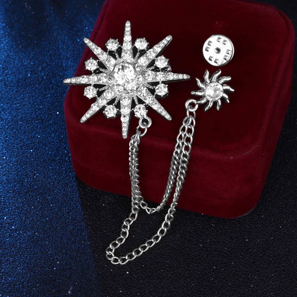 Silver Plated Cubic Zirconia Studded Star & Sunshine Double Chain Pin Brooch Jewellery For Men : PX9BH15S