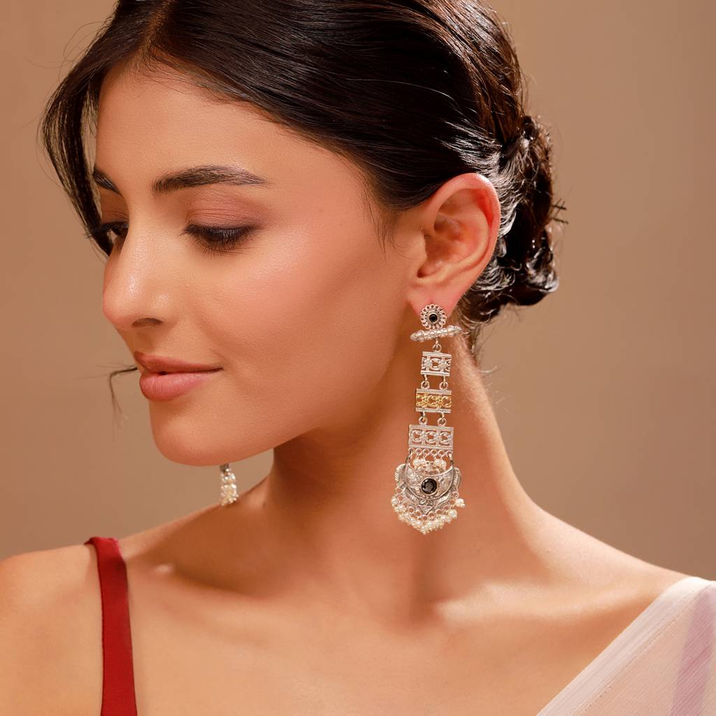 Silver Oxidised Dangler Earrings - Antique Elegance : 8905124582383